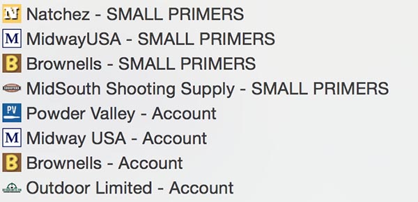 bookmarked accounts and pages for finding reloading supplies like primers